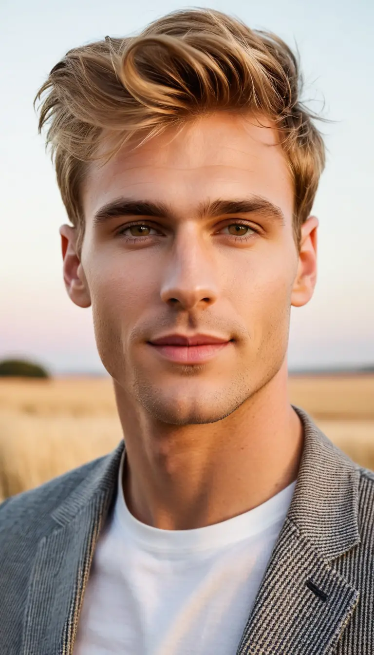Tall young man portrait in warm morning sunlight outdoors