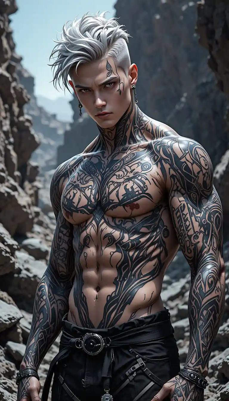 Tall tattooed man in harsh light on rocky terrain