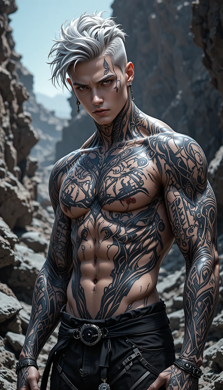 Tall tattooed man in harsh light on rocky terrain