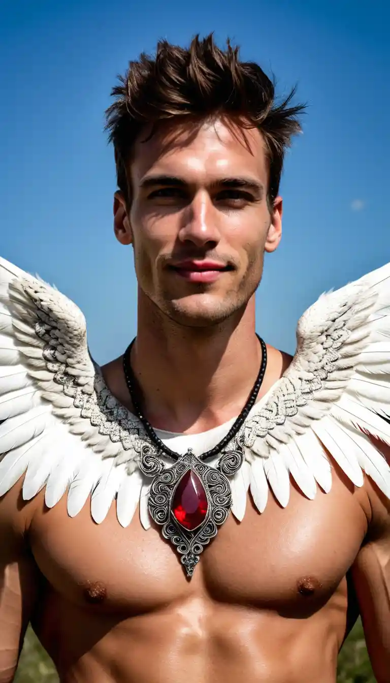 Großer Mann mit Heterochromie und langem zweifarbigem Haar im Freien