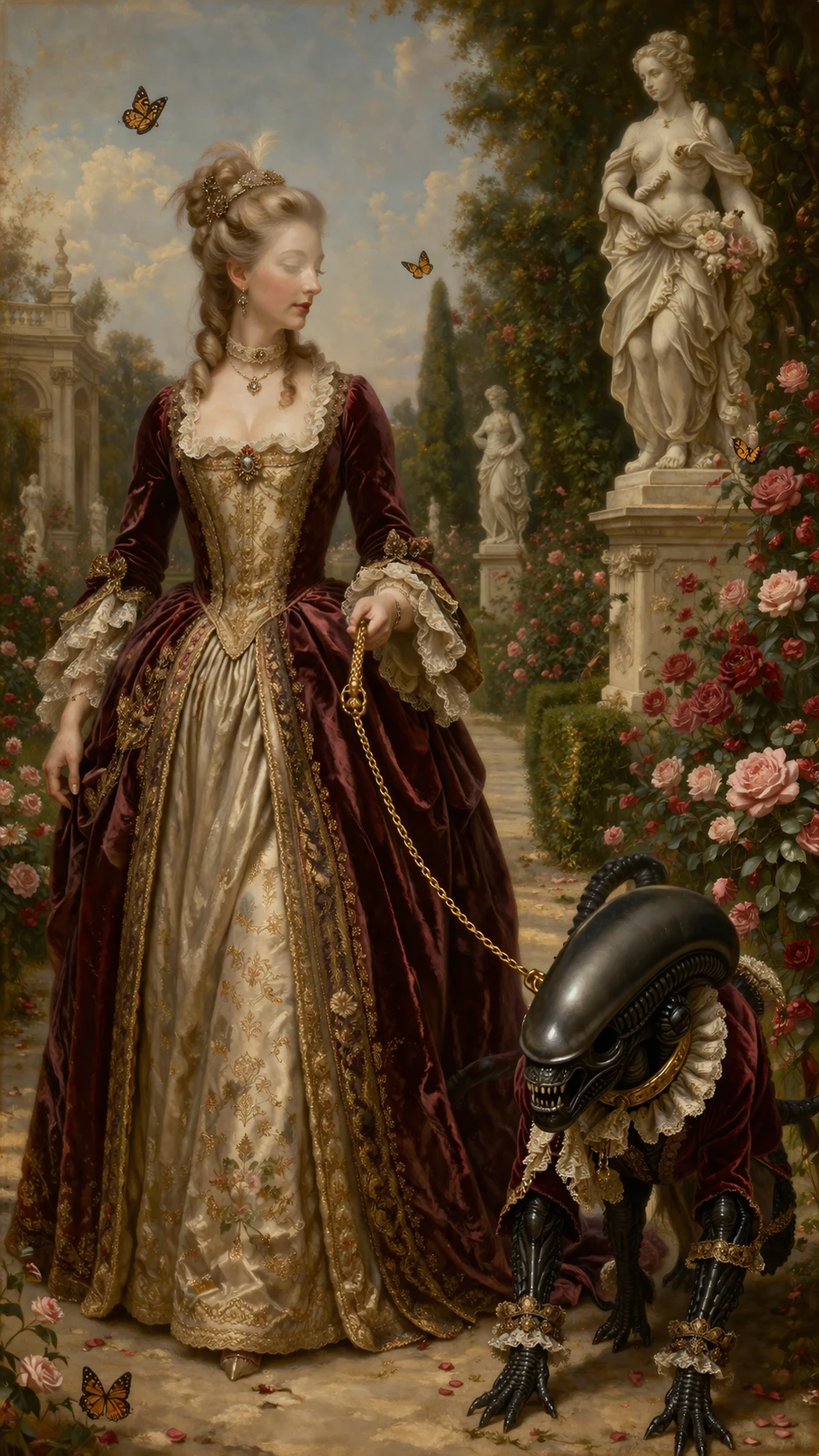 Noble lady walking in palace garden with leashed creature