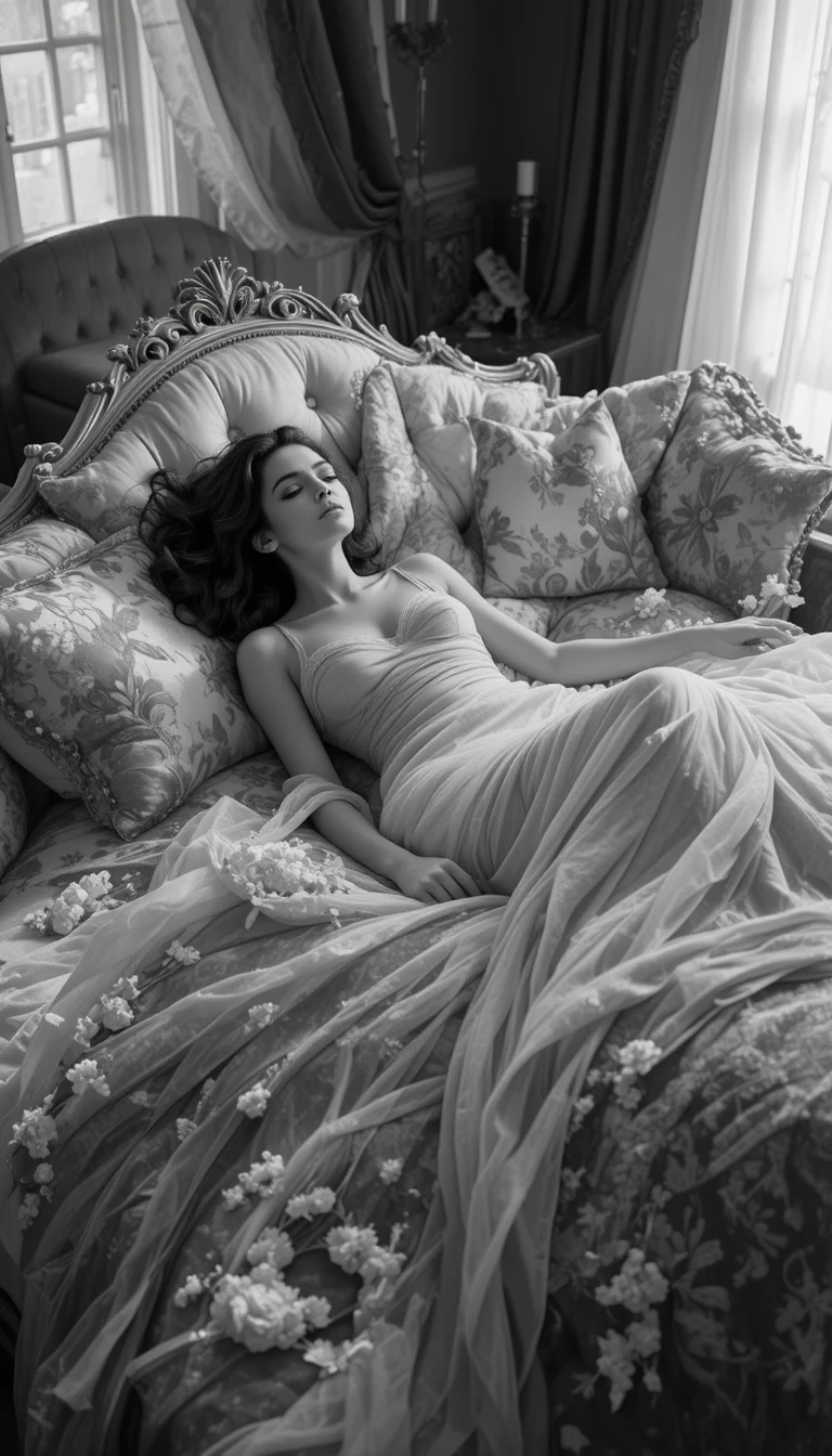 Woman reclining on an antique bed in soft monochrome tones