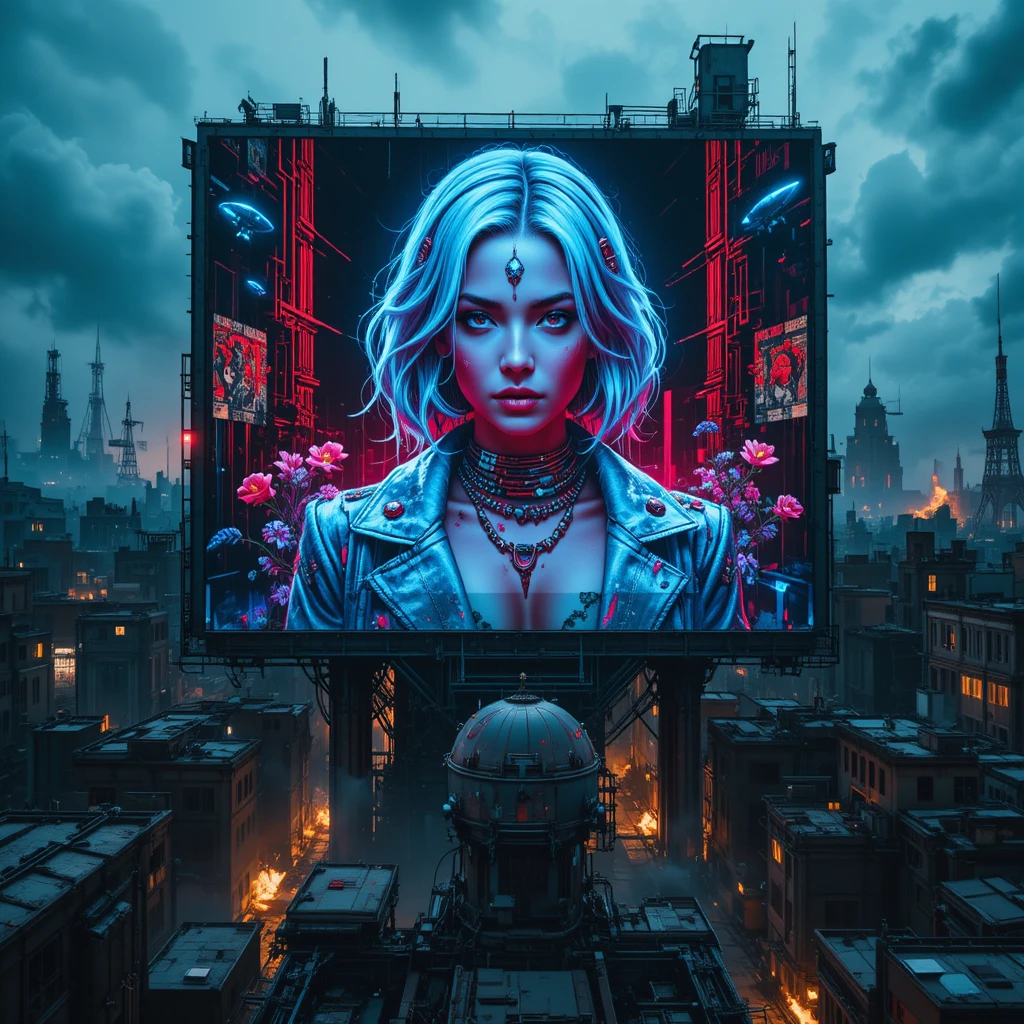 Cyberpunk woman mural on abandoned orbital space station