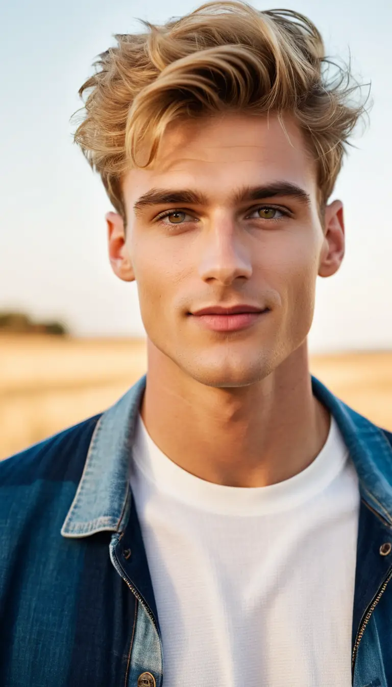 Young man in sunrise portrait with calm confident gaze