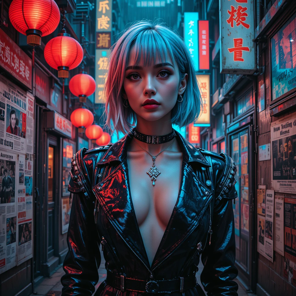 Femme fatale cyberpunk sotto la pioggia al neon in un vicolo di Hong Kong