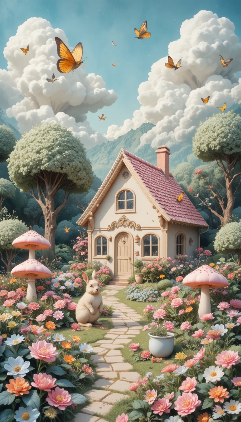 Cozy fairy tale garden with rabbit cottage and blossoms