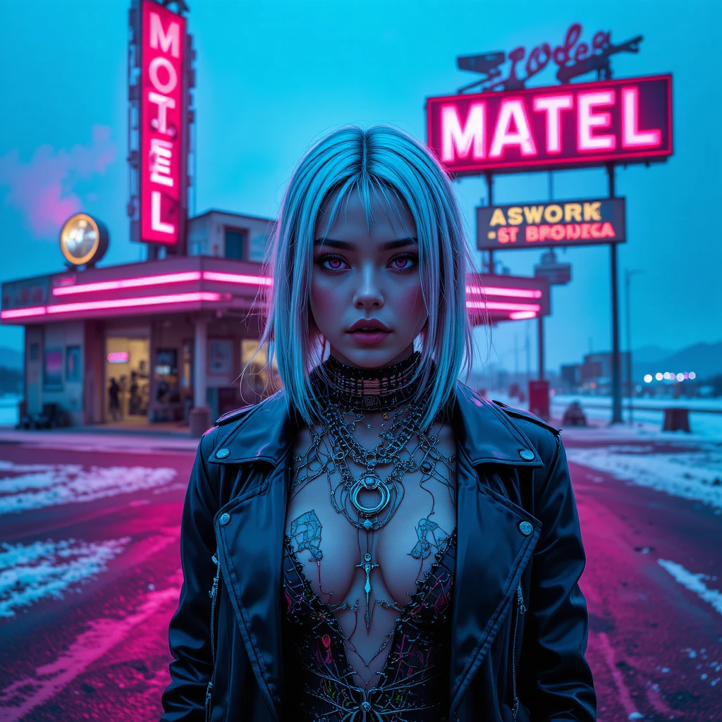 Reine hors-la-loi cyberpunk près d’une station-service gelée dans le désert