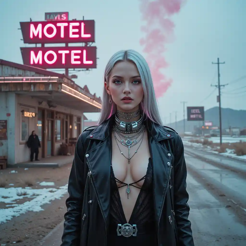 Cyberpunk outlaw queen on frozen desert highway