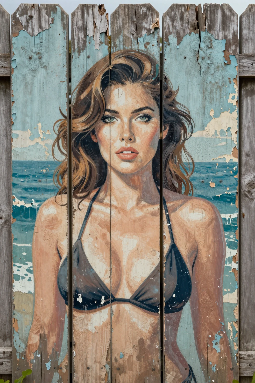 Close up mural of bikini woman on weathered wooden fence