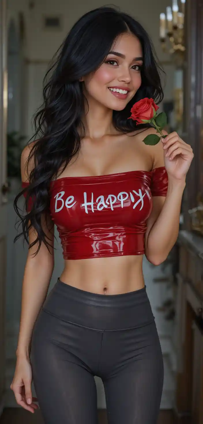 Smiling woman in latex crop top and dark leggings