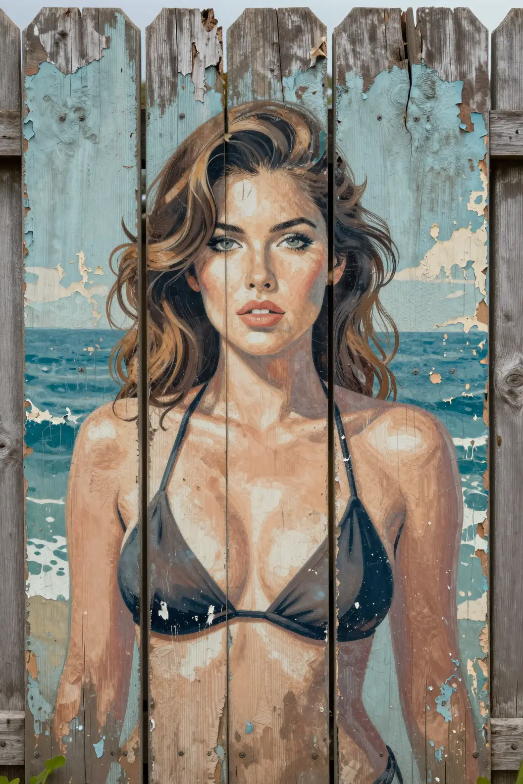 Close up mural of bikini woman on weathered wooden fence