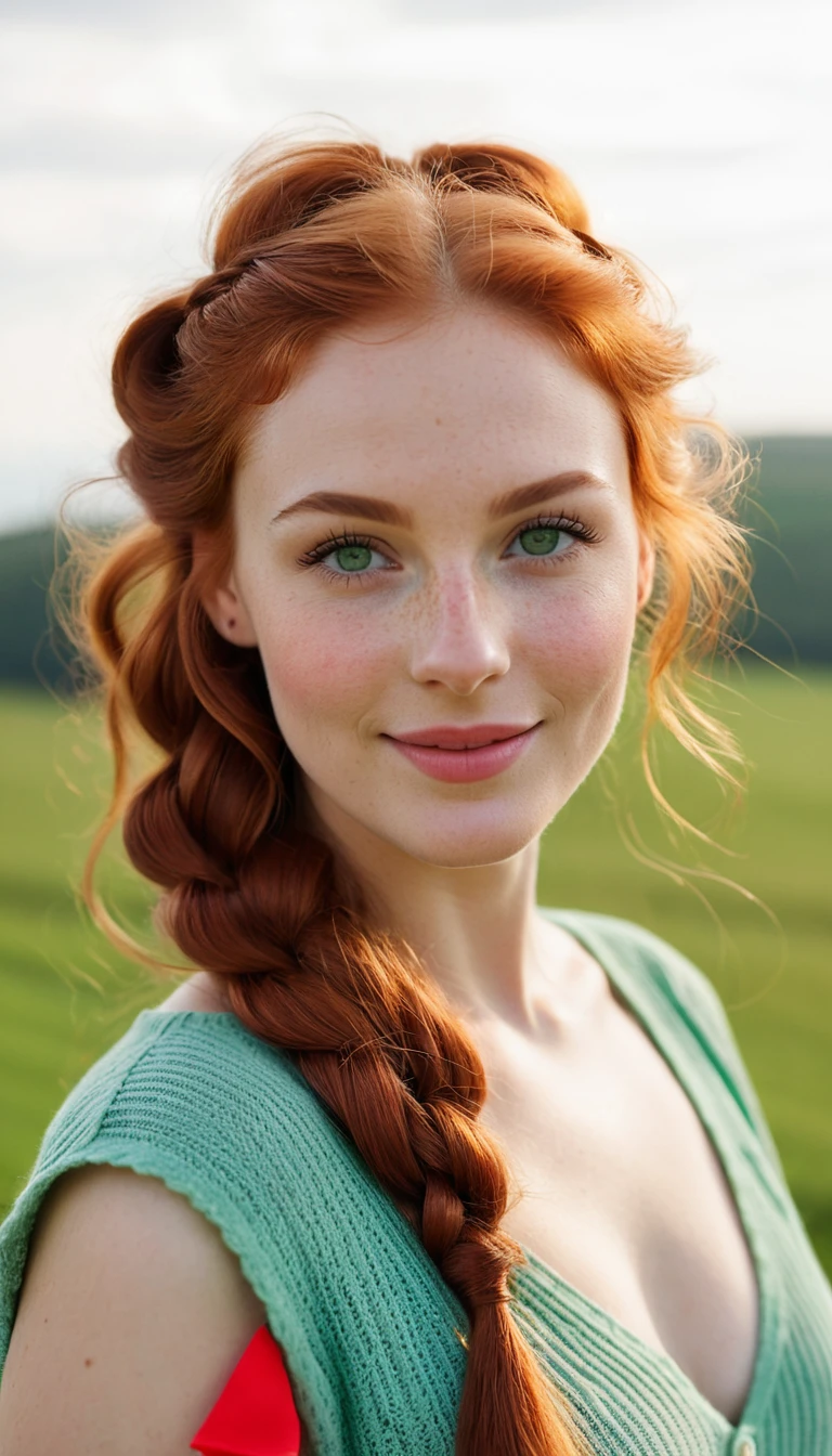 Joyful red haired woman in soft dawn outdoor portrait