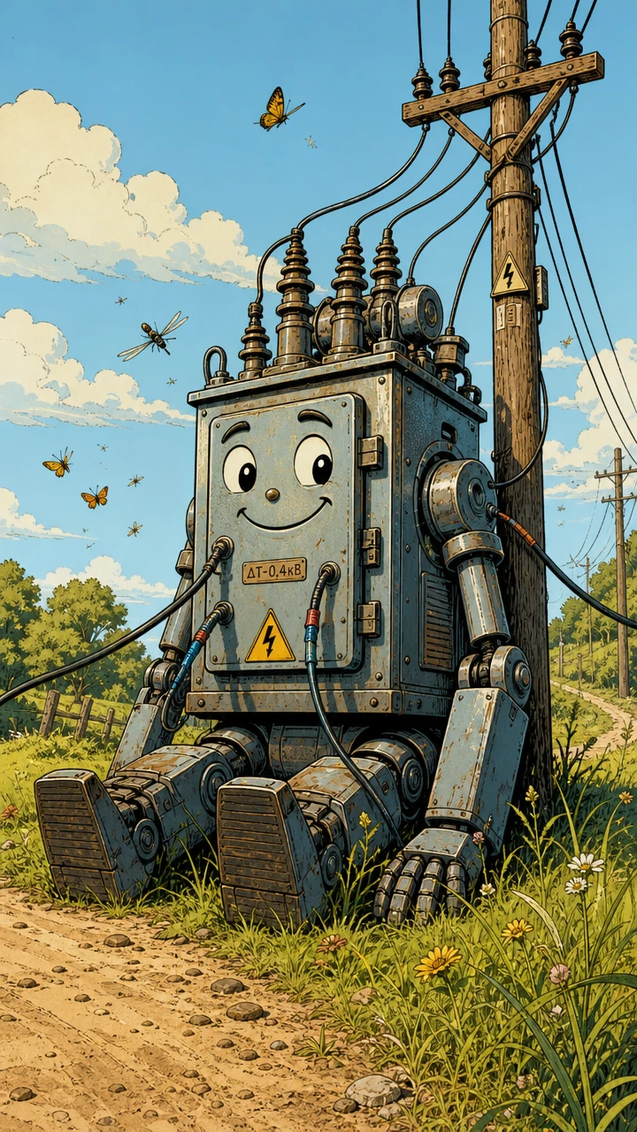 Robot di linee elettriche in stile cartoon seduto lungo una strada di campagna