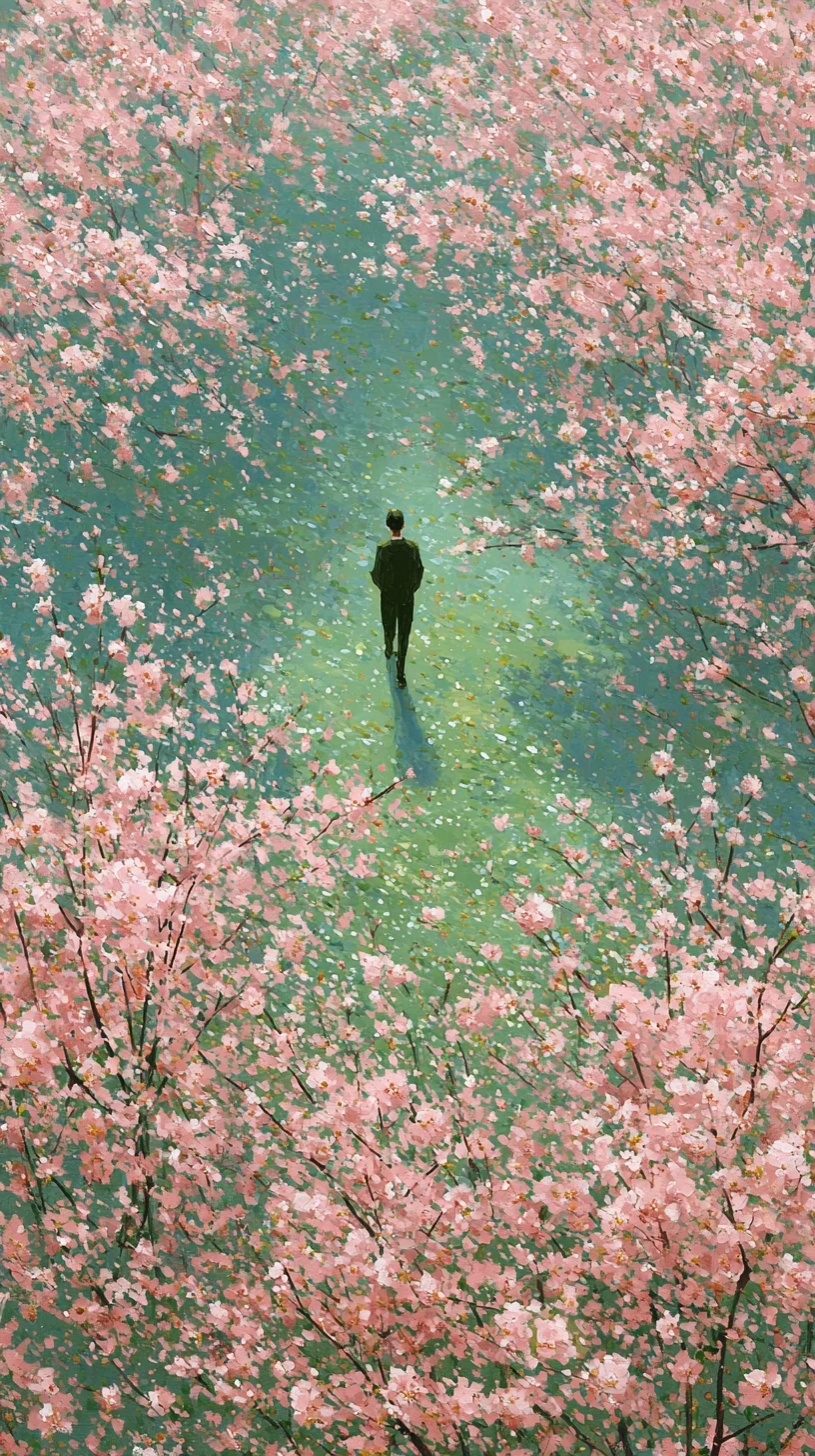 Solitary mythical figure in a tranquil peach blossom field