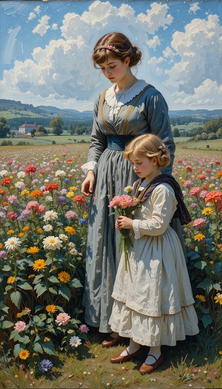 Children Picking Flowers In An Impressionist Oil Painting