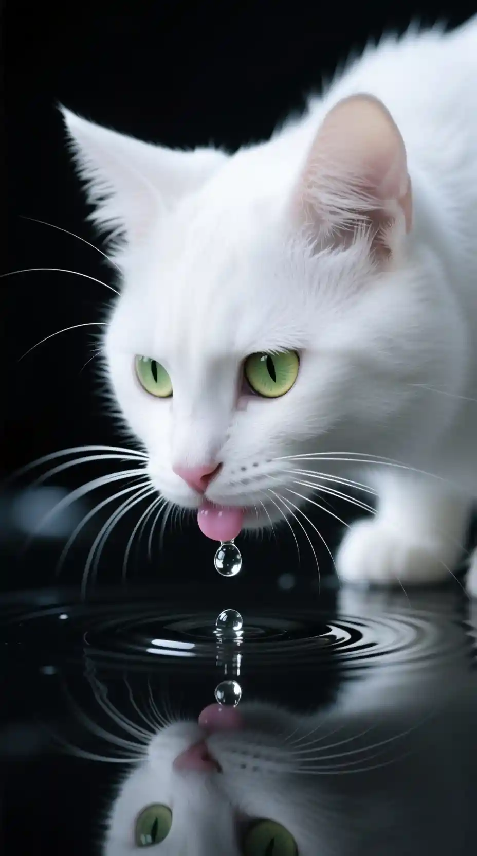 白い猫が暗い水面から飲むクローズアップ