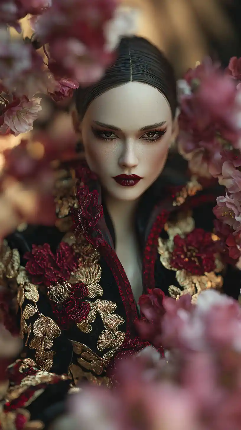 Elegant fashion muse in floral embroidered couture robe