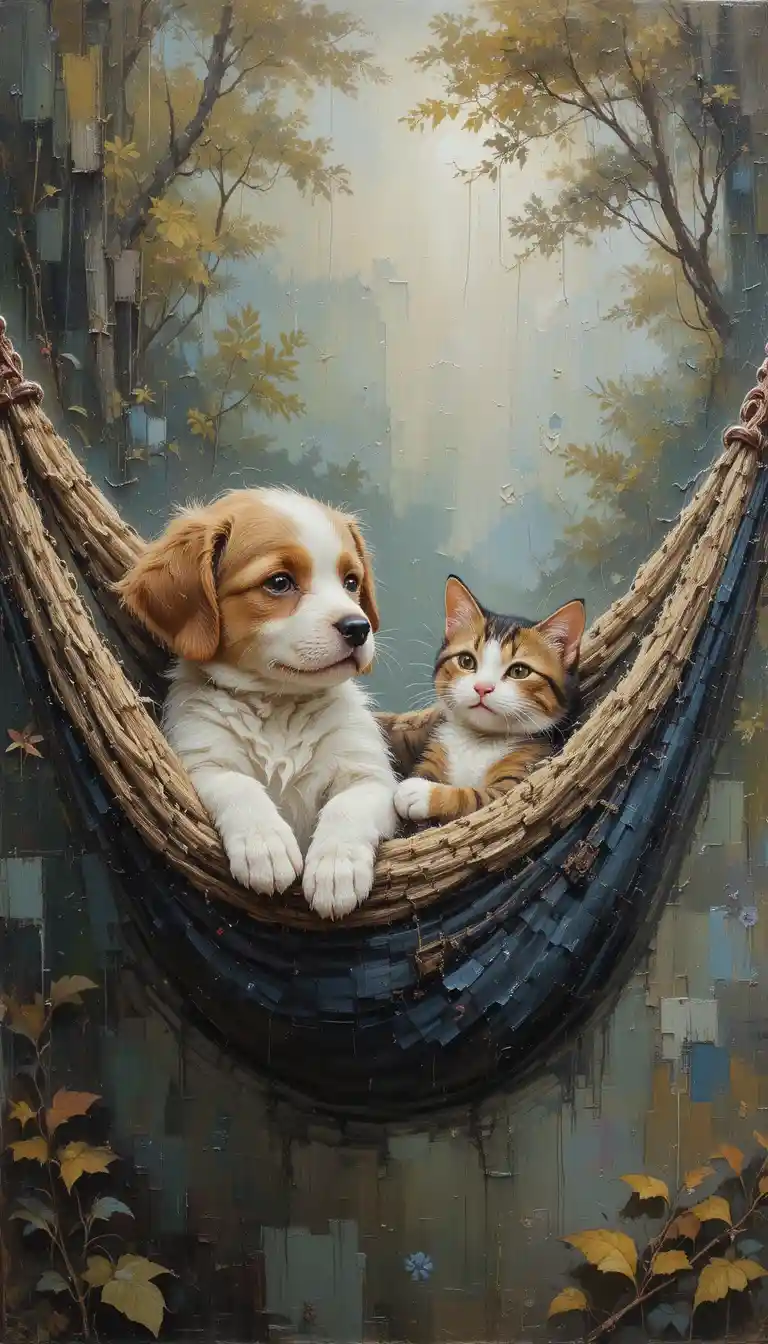 Dreaming puppy and cat resting together in a hammock