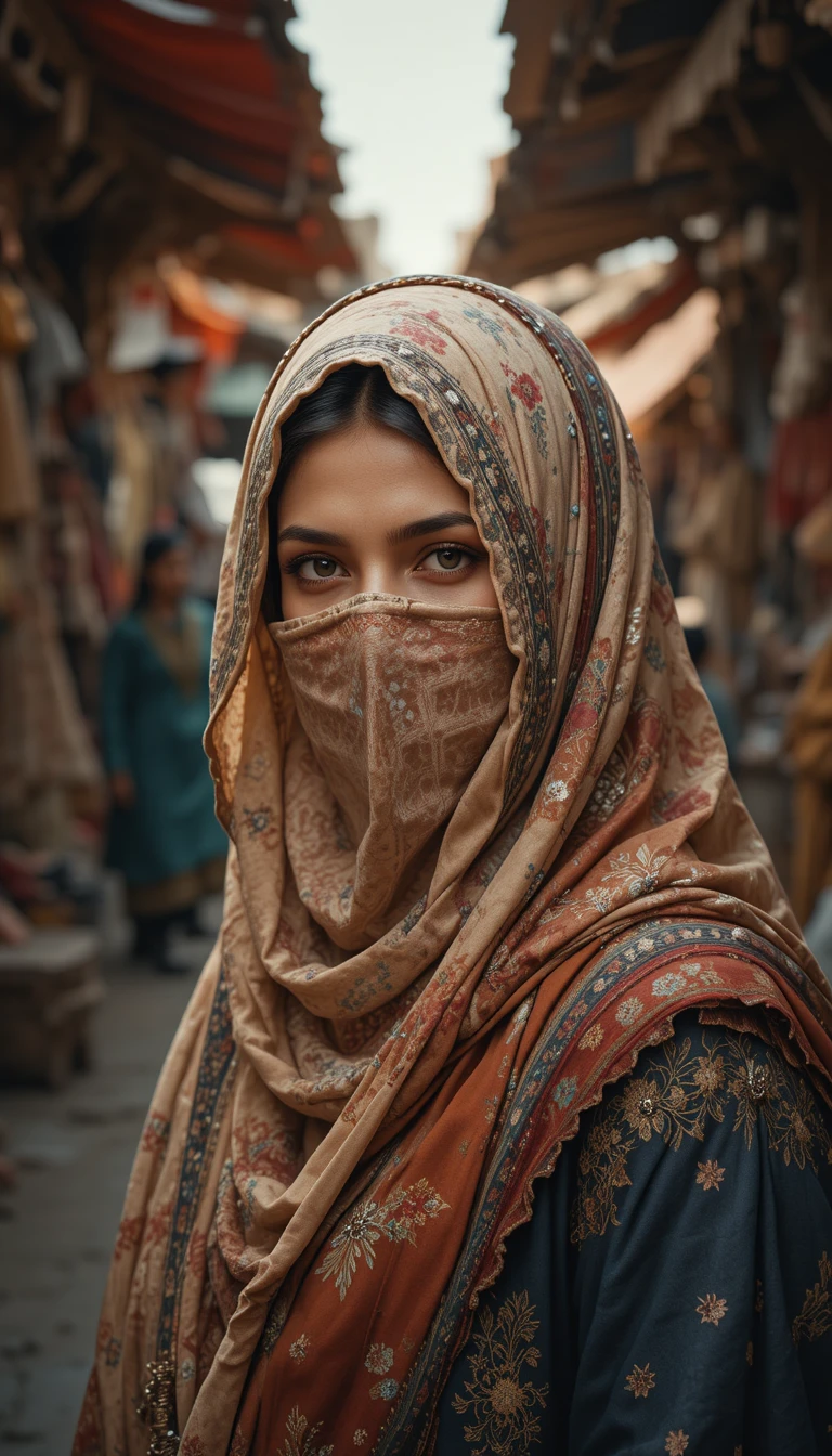 Veiled Afghan girl in a vibrant village marketplace portrait