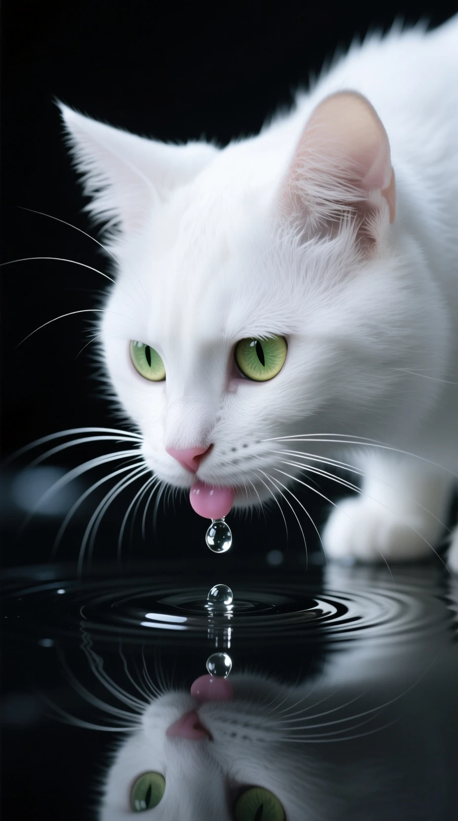 White cat close up drinking from dark reflective water