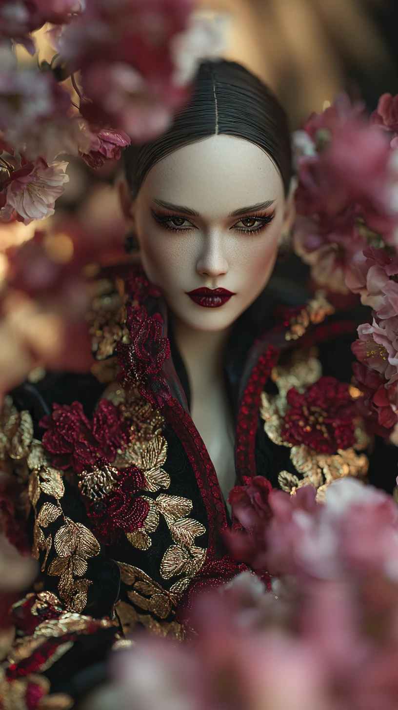 Elegant fashion muse in floral embroidered couture robe