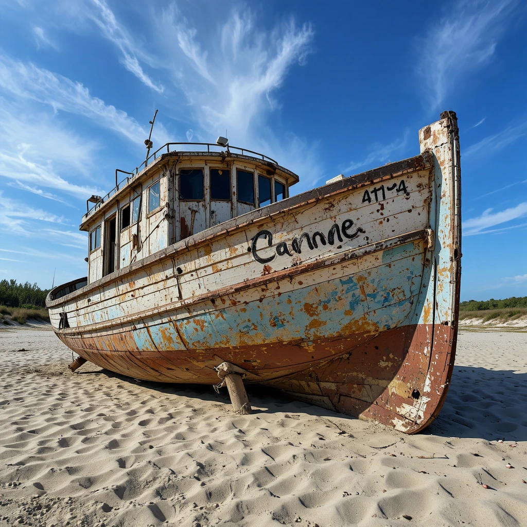 Altes rostiges Fischerboot auf einem ruhigen Sandstrand gestrandet