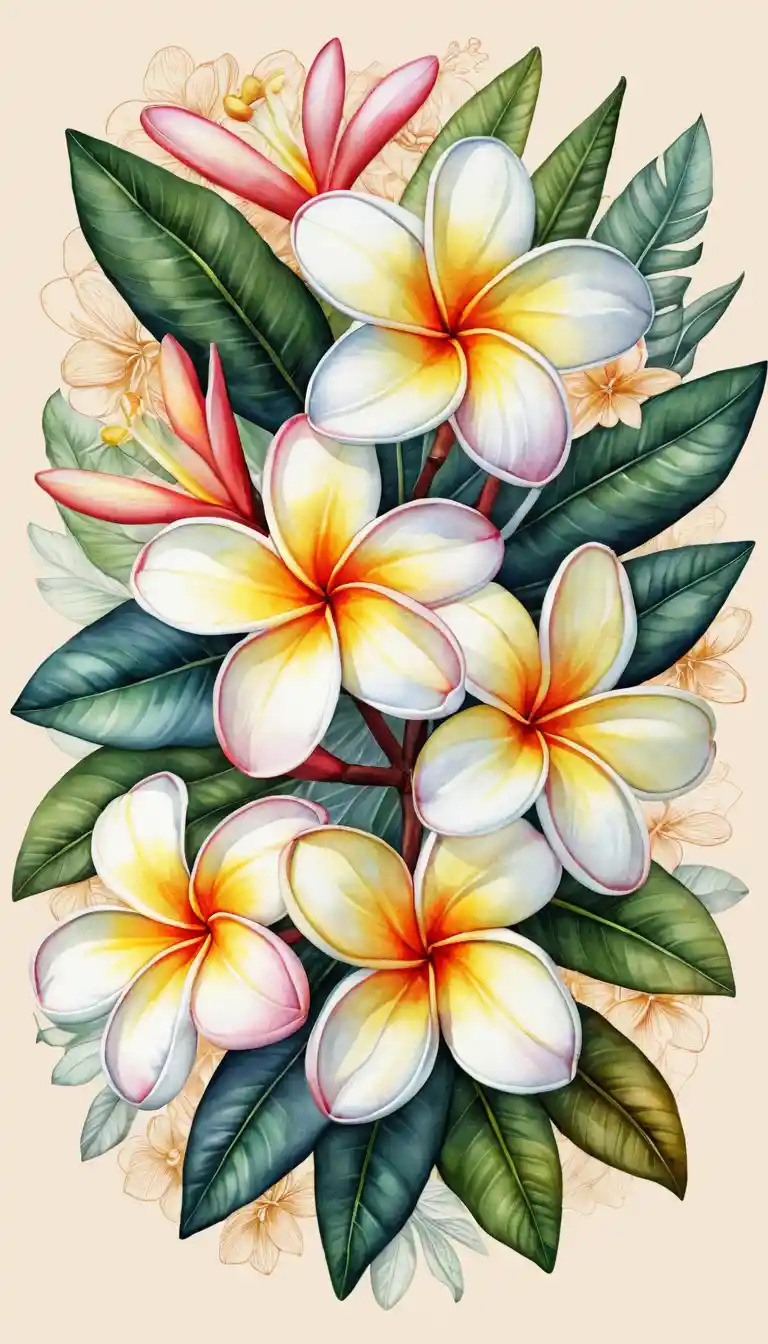 Watercolor graphic flyer with detailed plumeria flower illustration