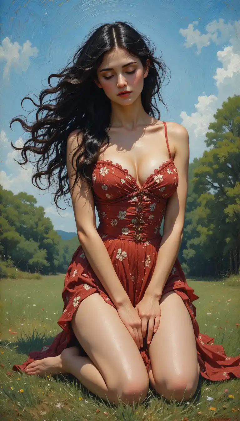 Kneeling woman in red floral dress under sunlit blue sky