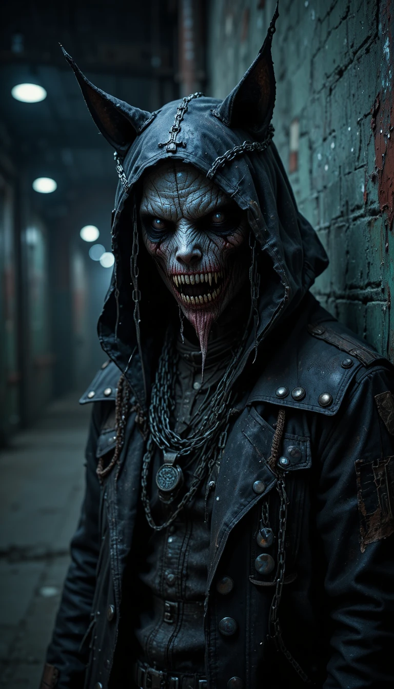 Creepy humanoid creature in hooded cat mask
