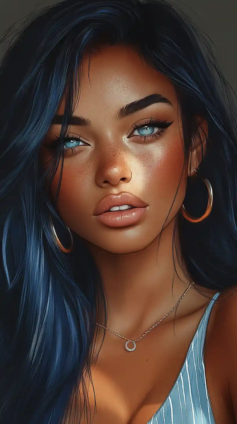 Alluring blue haired anime woman with vivid blue eyes