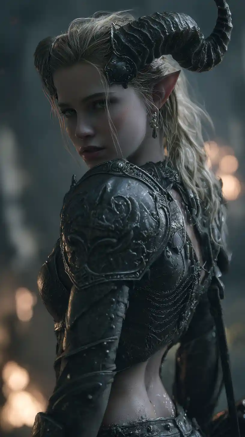 Blonde elf warrior in armor under moonlit forest sky