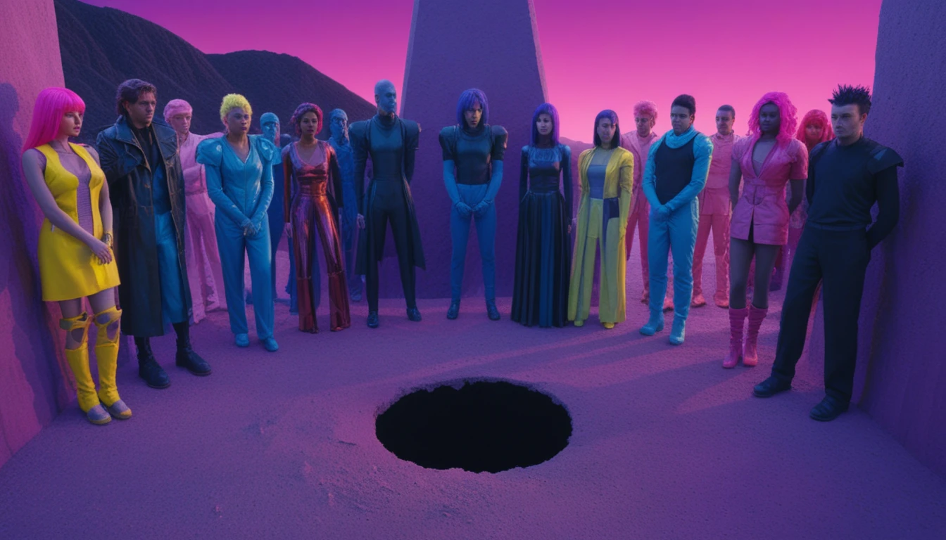 Colorful human figures in a surreal geometric landscape