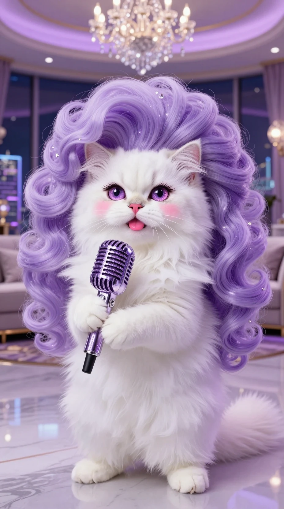 Glamorous white cat singing into a purple crystal microphone