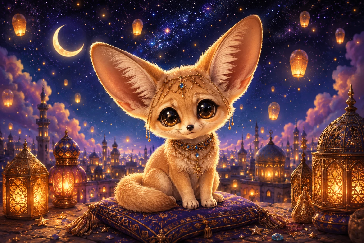 Cute chibi fennec fox under magical lantern filled night sky