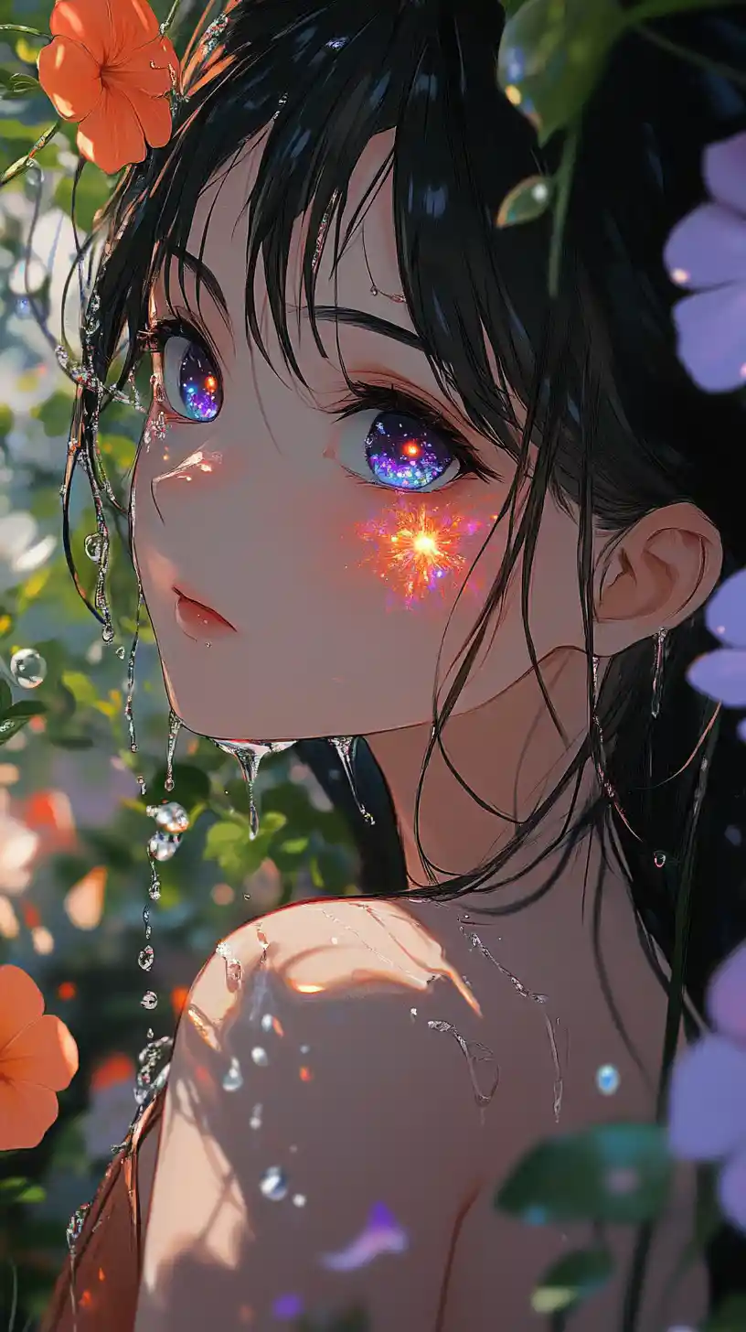 Anime girl portrait with cosmic eyes in a flower garden