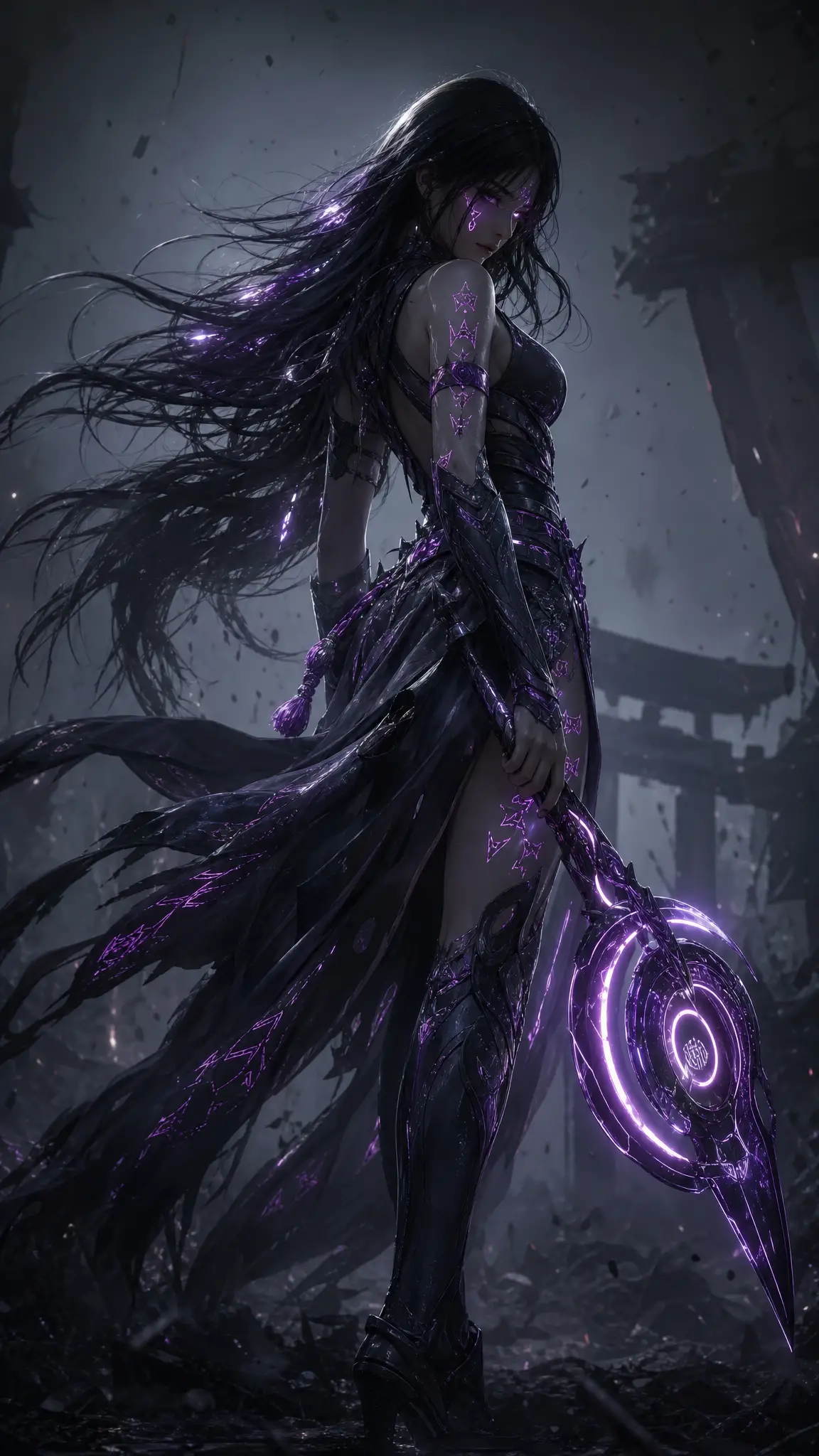 Ethereal warrior woman with glowing runes in cyber armor