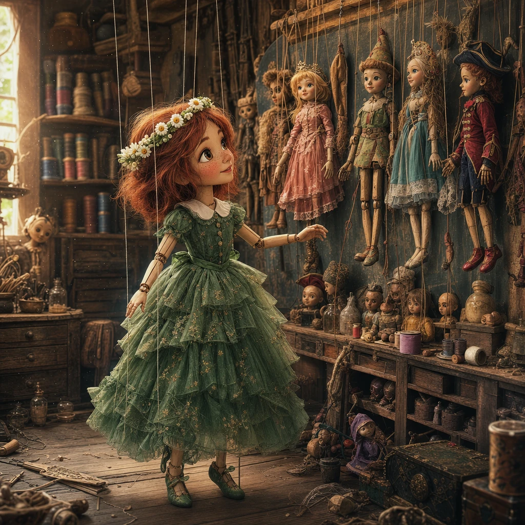 Cheerful marionette girl exploring a whimsical doll workshop