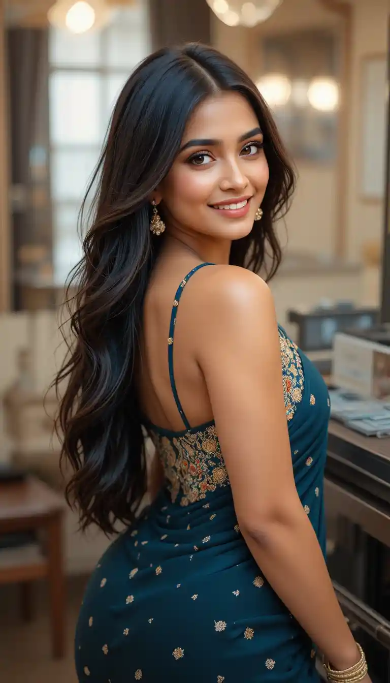 Elegant Indian woman smiling in a stylish traditional outfit