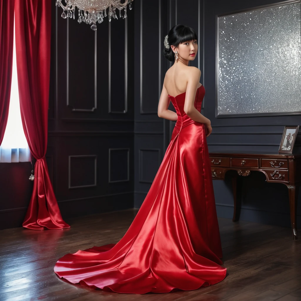 Elegant young woman in red satin gown from behind