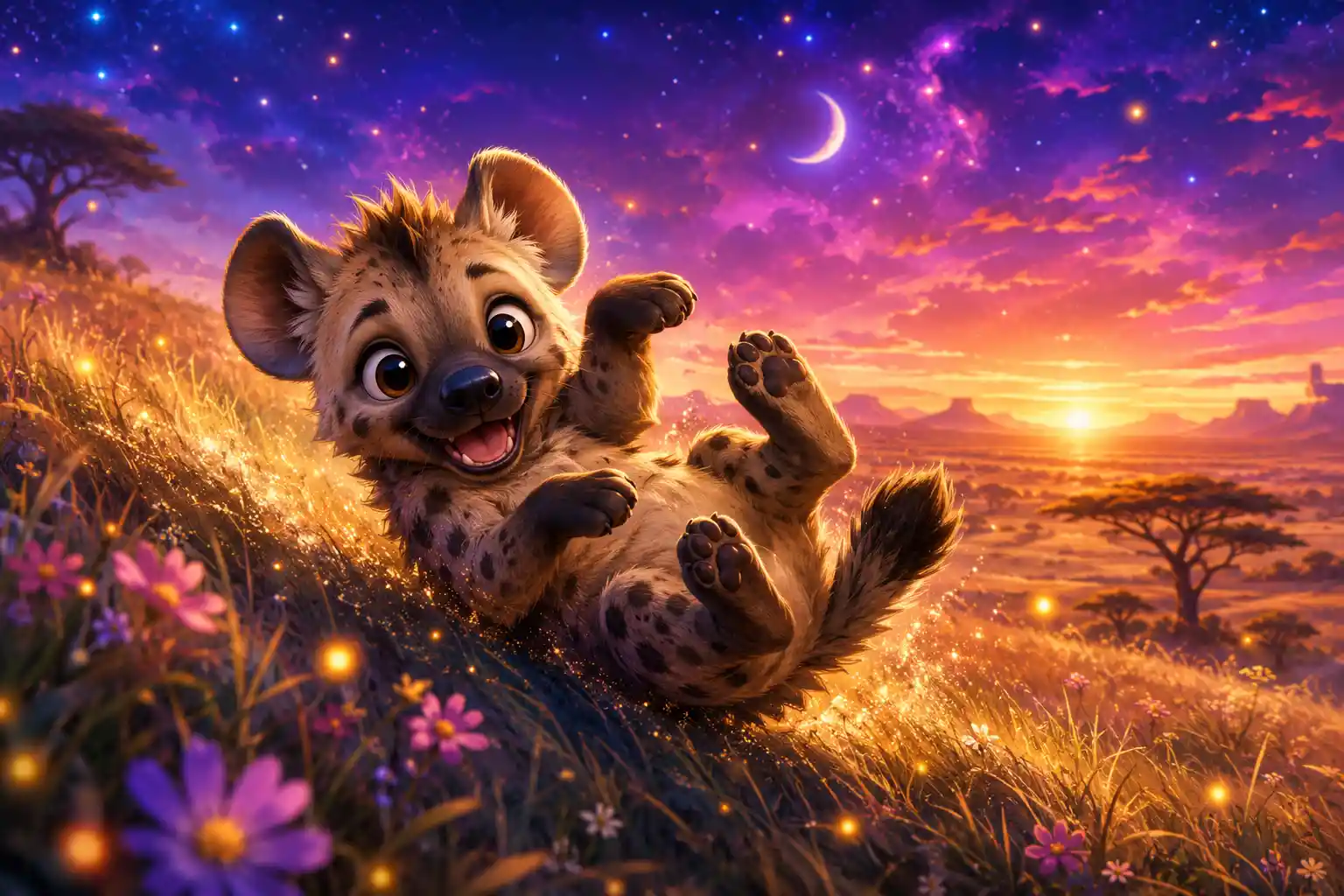 Cute baby hyena rolling down a glowing savanna hill