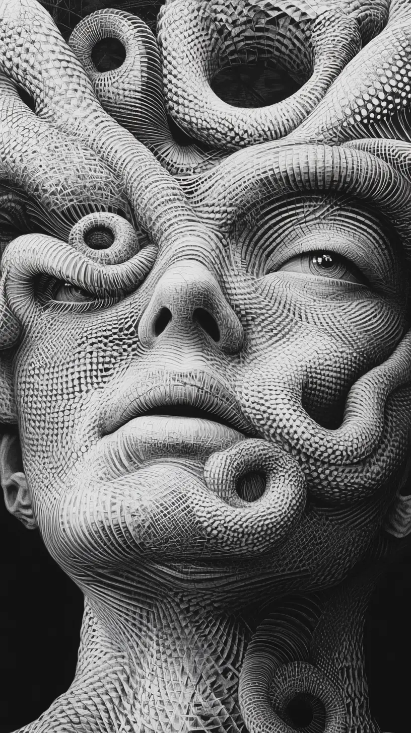 Surreal face entwined by a coiling patterned serpent