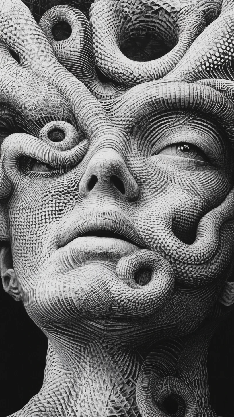 Surreal face entwined by a coiling patterned serpent
