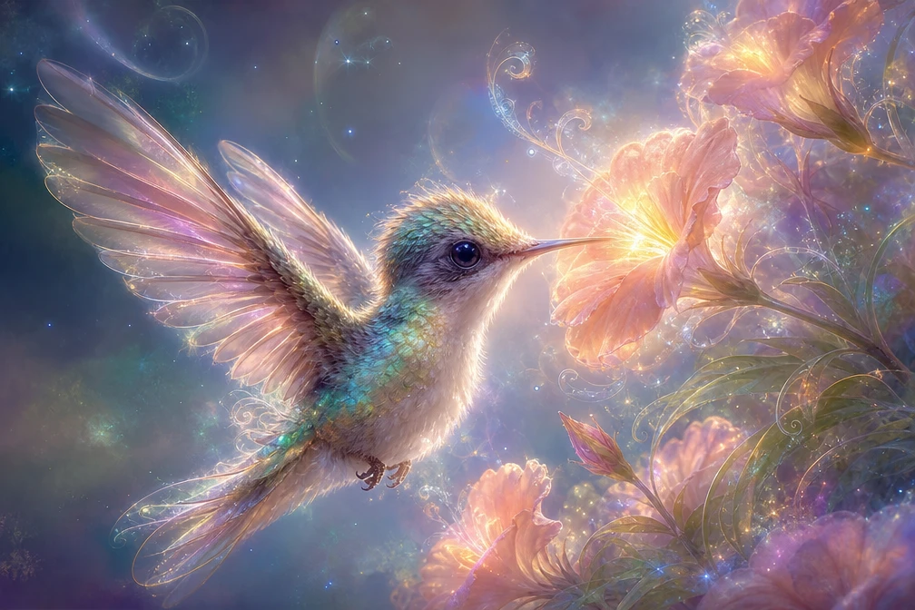 Dreamy baby hummingbird hovering beside glowing flowers