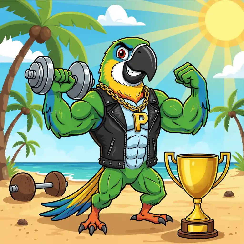 Muscular cartoon parrot flexing at a colorful beach gym