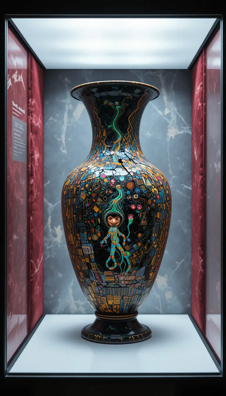 Ancient mosaic vase with sci fi symbiont in display case