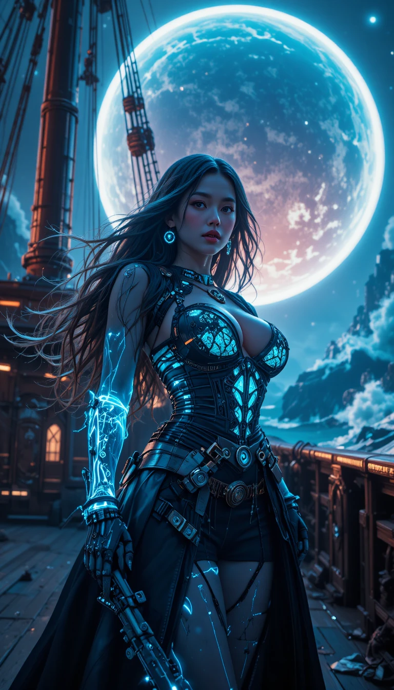 Kybernetische Piratenprinzessin auf einem neonleuchtenden biomechanischen Schiff