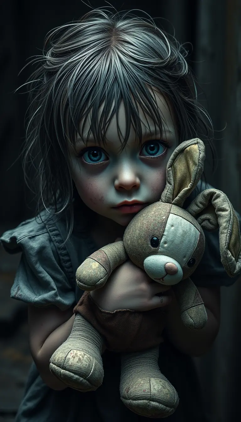 Distressed young girl clutching a worn rabbit toy