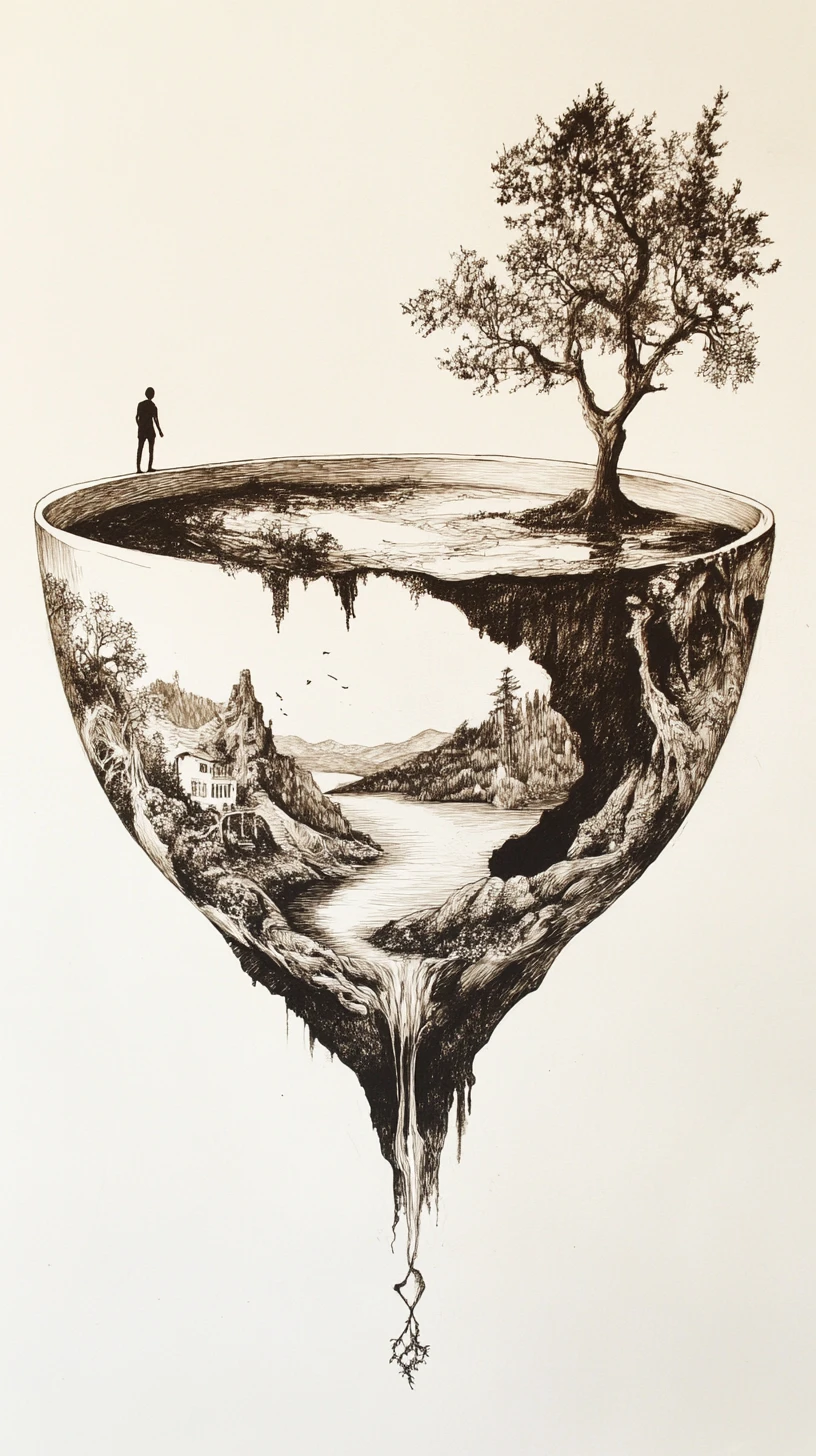 Overturned teacup world with tiny figure and folding landscape