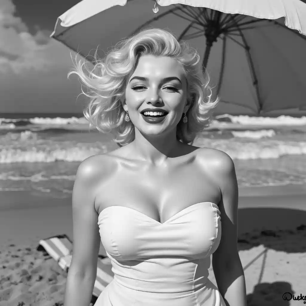 Smiling blonde woman on a windy 1950s beach