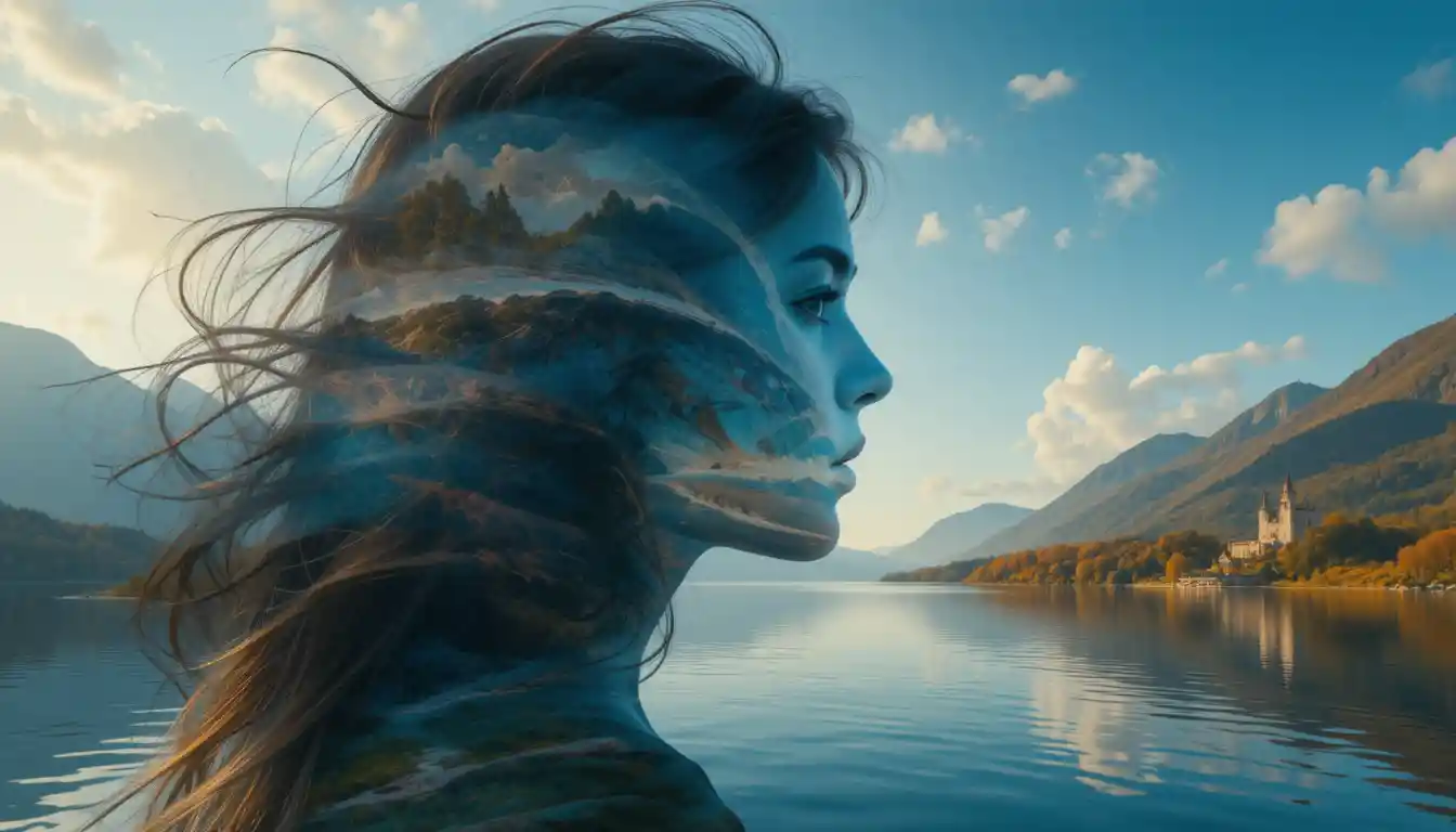 Woman profile merging with tranquil lake and sky